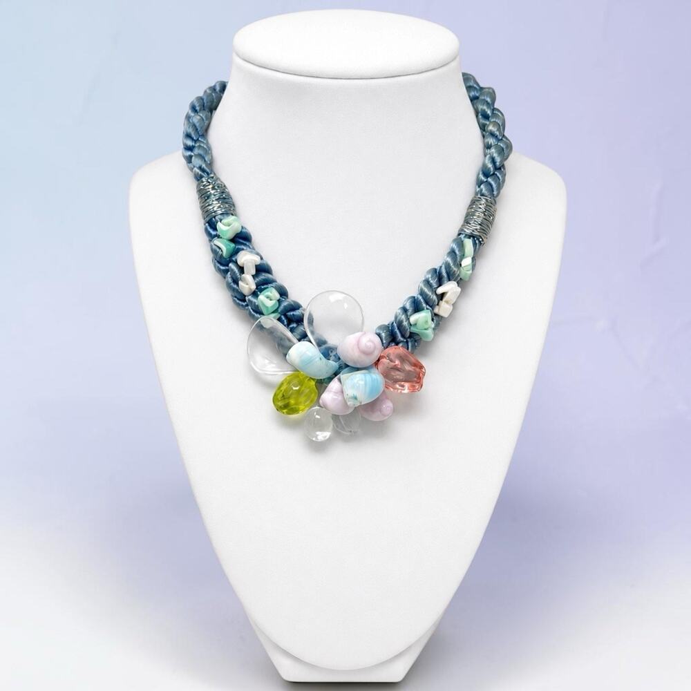 Vintage 1980s Seafoam Blue Artisan Statement Necklace Shell Mixed Media Pastel
